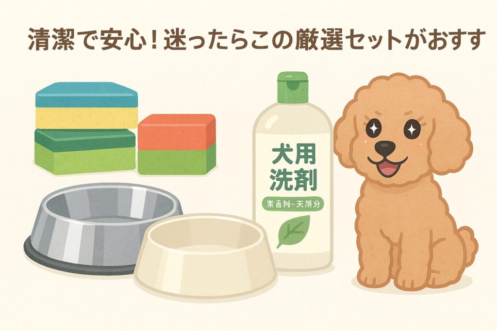 「ステンレス食器・陶器、犬用洗剤、色分けスポンジを並べ、アプリコットプードルが嬉しそうに見ているイラスト」