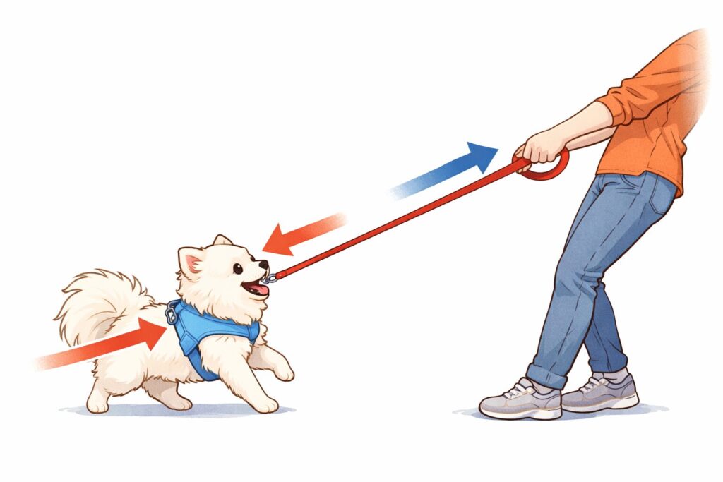 散歩中にリードを強く引っ張る犬の様子