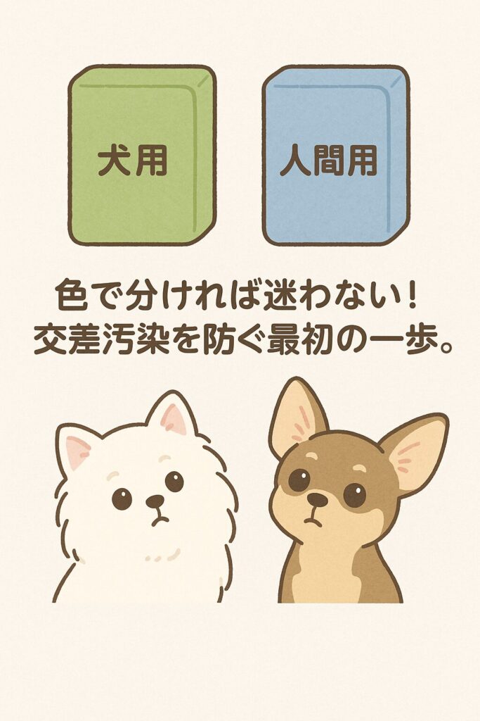 「犬用と人間用のスポンジを色分けし、白ポメラニアンとチワワが首をかしげて見上げているイラスト」