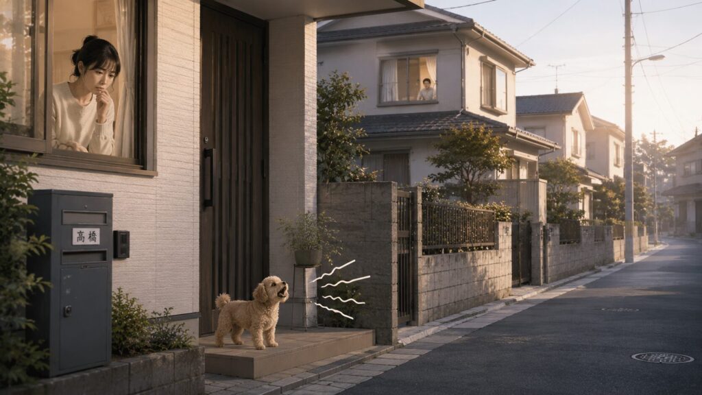 戸建て住宅で吠える犬と近所への音漏れを気にする女性