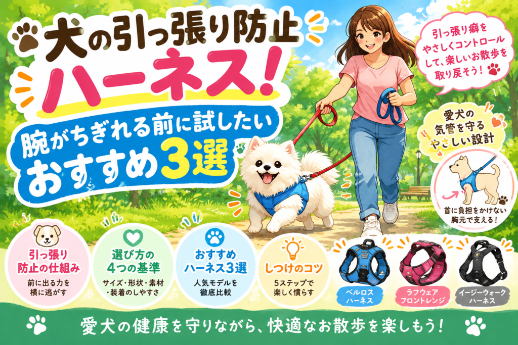 引っ張り防止ハーネスを着けて散歩する犬と飼い主