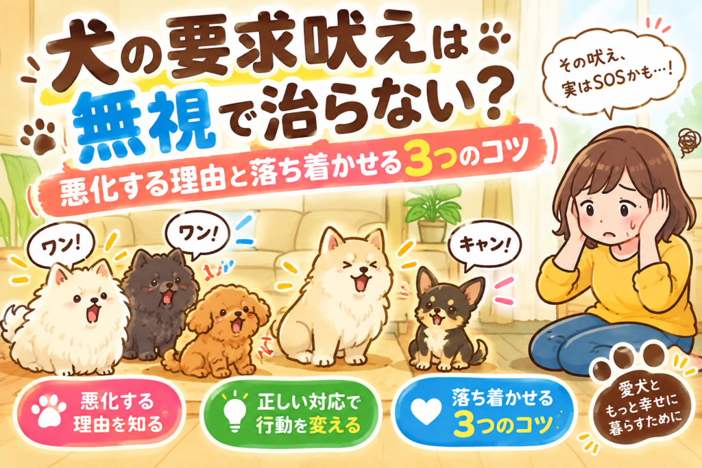 要求吠えをする犬と困っている飼い主、正しい対応と落ち着かせ方を示したイラスト