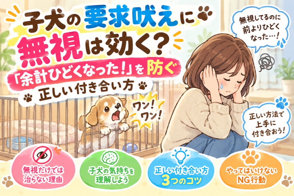 ケージで吠える子犬と困っている飼い主、要求吠えへの正しい対応を示したイラスト
