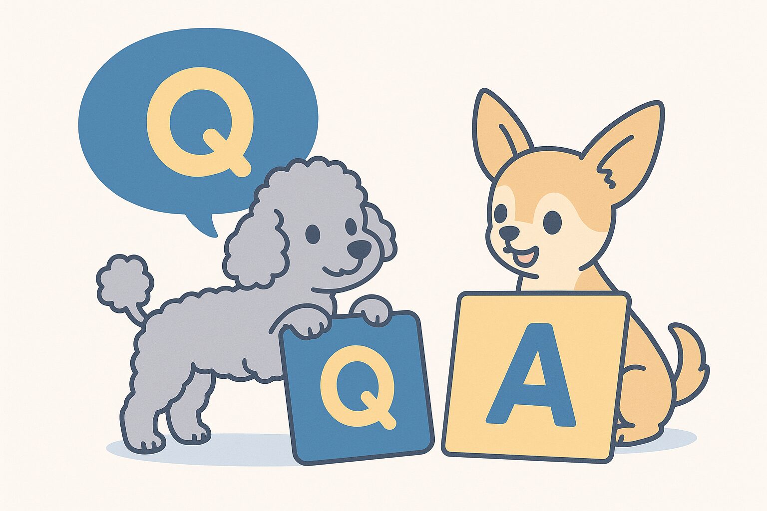 シルバートイプードルがQカードを持ち、チワワがAカードを持つ可愛いFAQイラスト