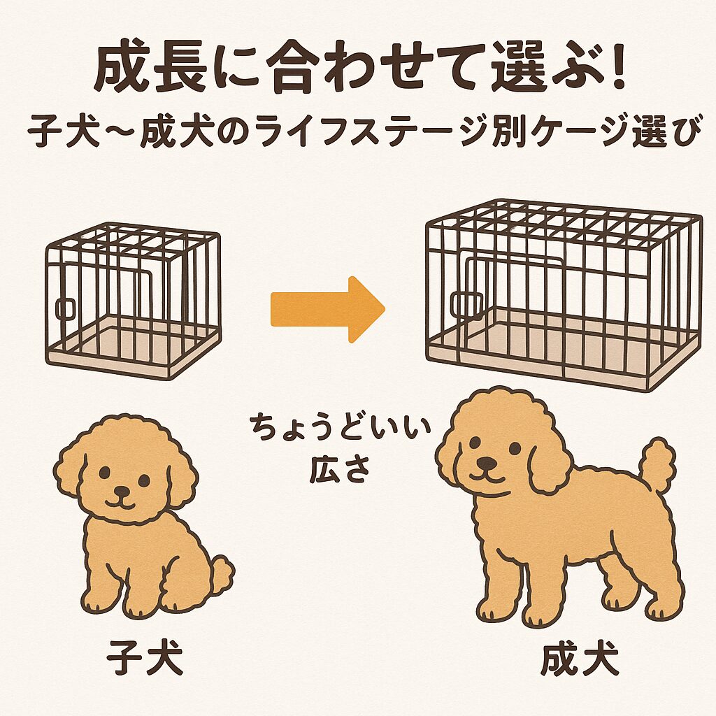 子犬から成犬へ成長に合わせたケージサイズの変化を示すイラスト