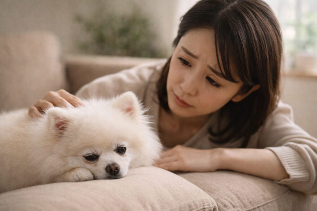 元気がない犬と心配する飼い主 腸内環境の不調サイン