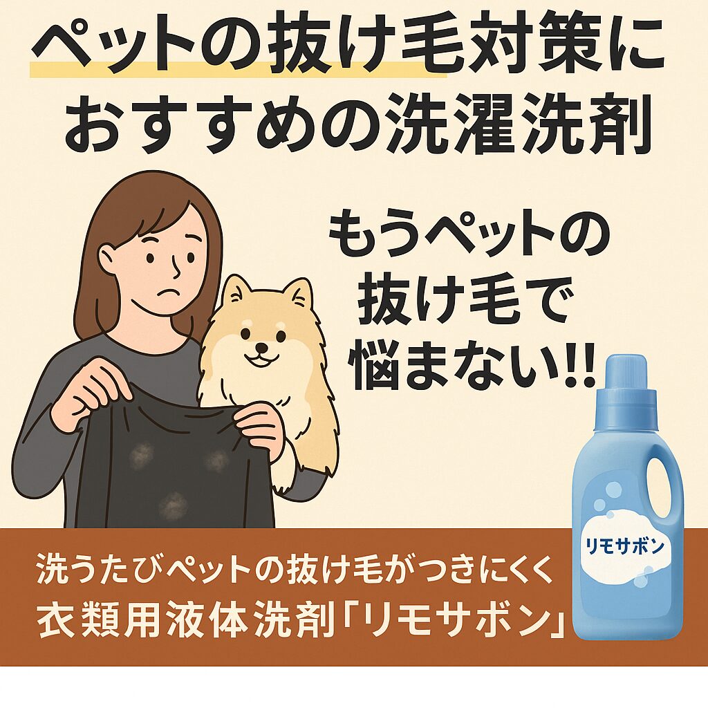 「黒い服に毛がついた女性とポメラニアン、リモサボンの広告」

