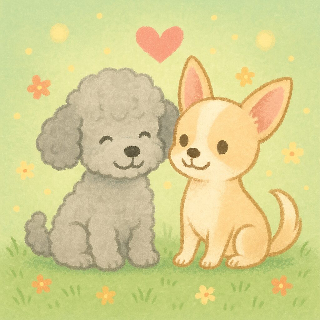 シルバートイプードルとチワワが並んで笑うハートフルな締めイラスト