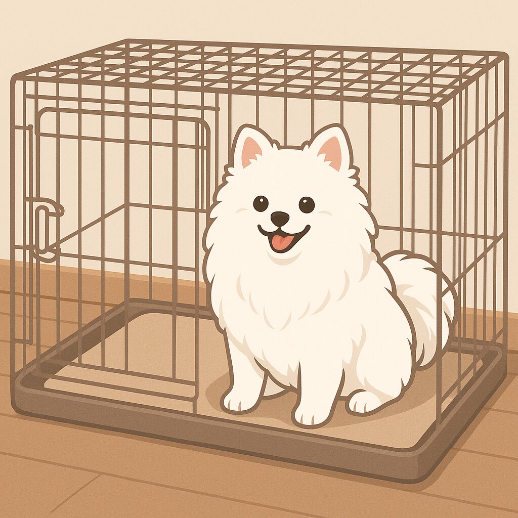 白ポメラニアンがケージの中で安心して休むイラスト