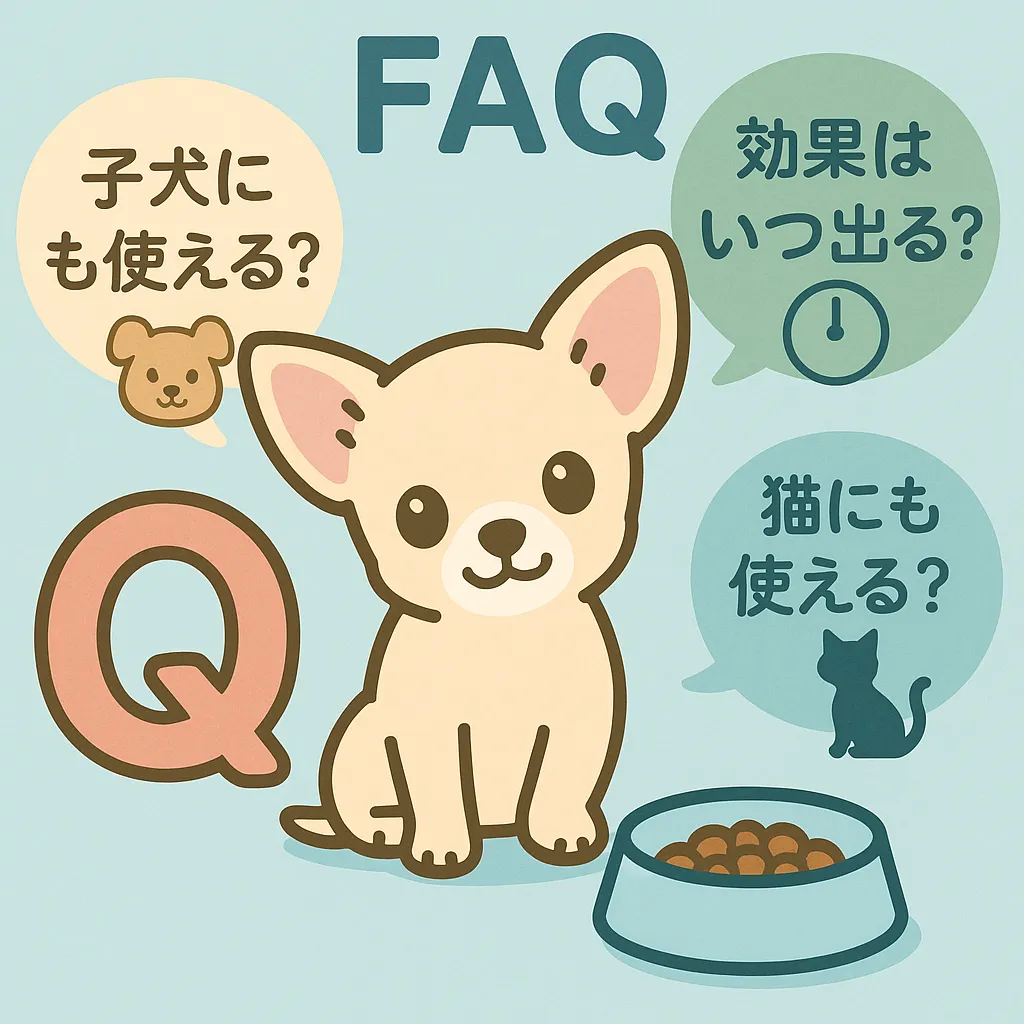 チワワが「Q」のサインを持ち、吹き出しに年齢・適量・猫にも使える?などのアイコンが並ぶ親しみやすいFAQイラスト。