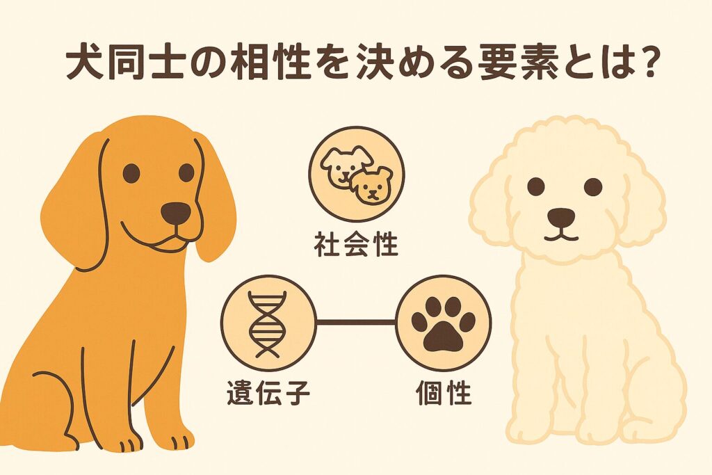 犬のシルエットにカラフルなDNA二重らせんが重なった相性診断のイメージ。