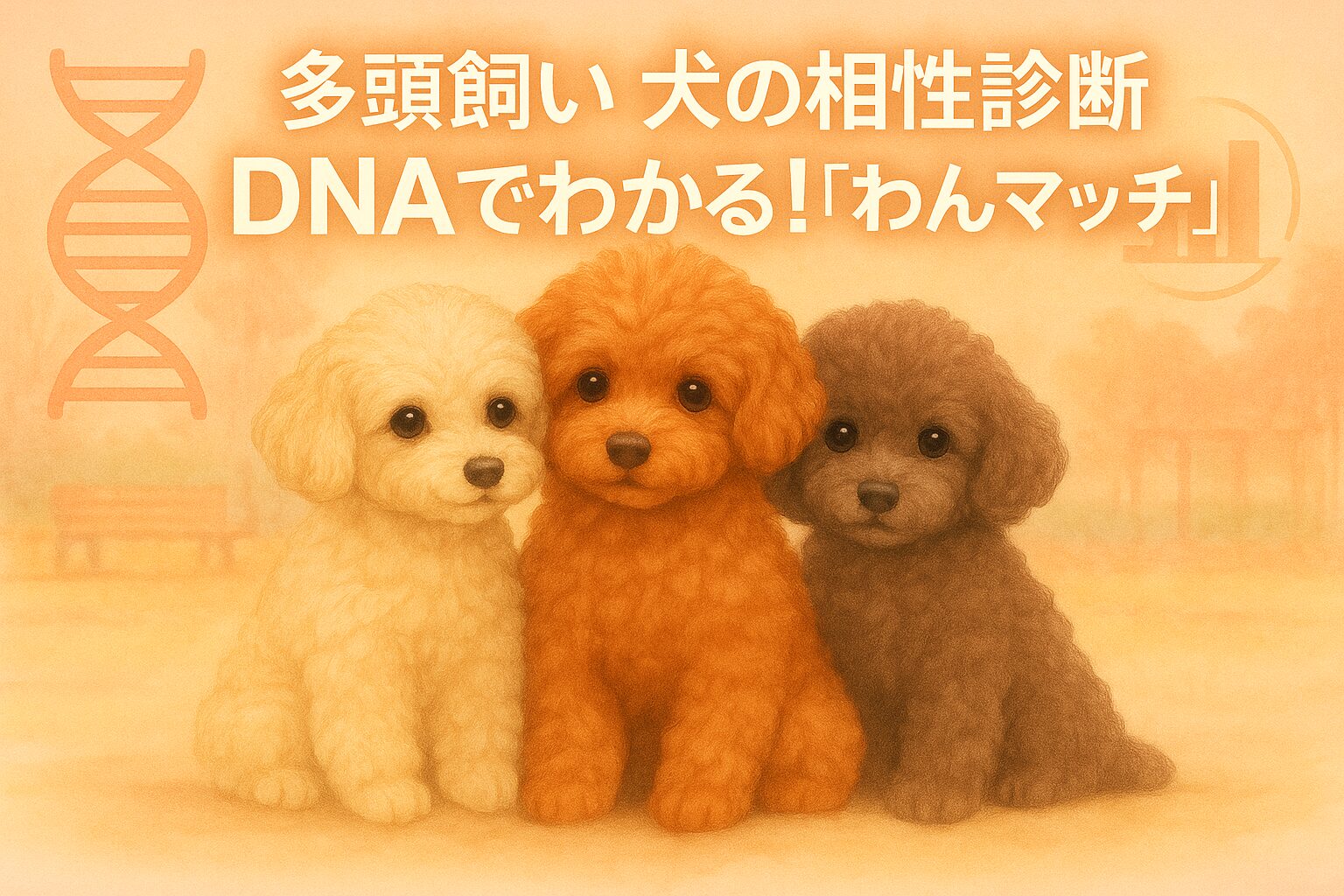 クリーム・アプリコット・ブラウンの3匹のトイプードルが並び、背景にDNAとグラフのイメージが描かれた相性診断のコンセプト画像。