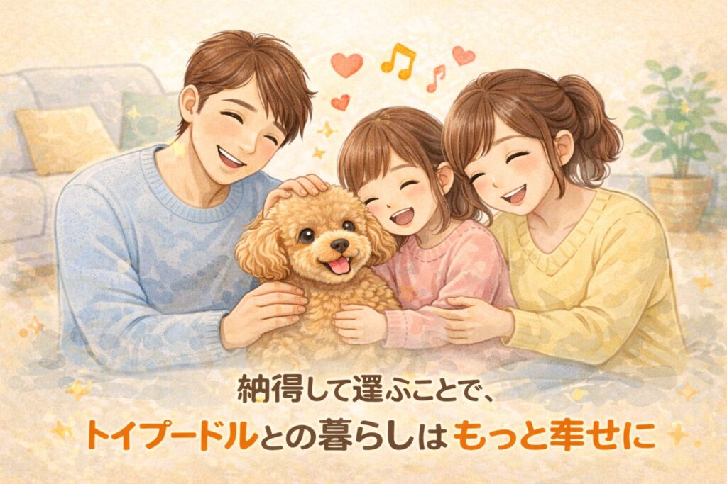 家族に囲まれて撫でられ、安心した表情で微笑むトイプードルと、笑顔の家族を描いたイラスト