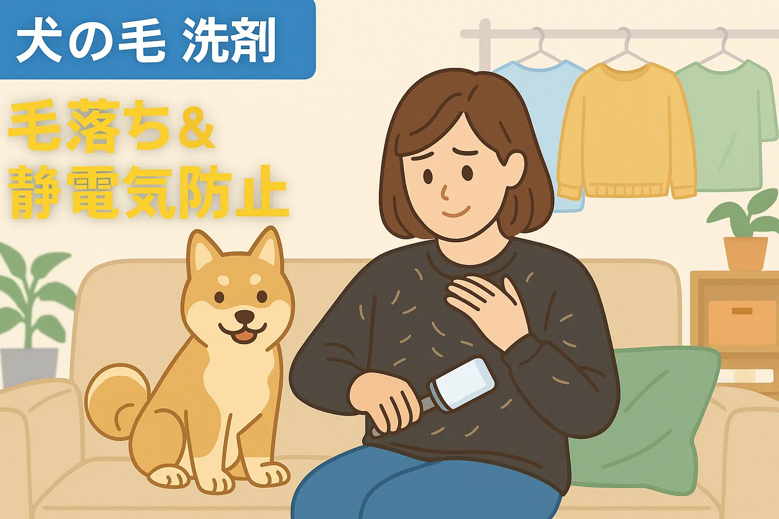 ソファで犬と一緒に過ごす女性が洋服の犬の毛を取っている様子。背景には毛が付いていない洗濯物が干されており、犬の毛 洗剤による快適さを示すイラスト