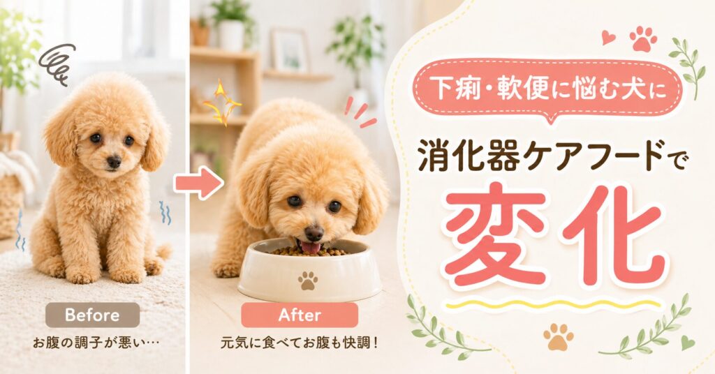 下痢や軟便に悩む犬が消化器サポートフードで元気に食事している様子