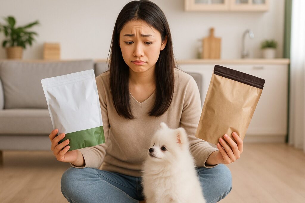 日本人女性が2つのフード袋を手に持ち、白ポメラニアンを見ながら悩んでいる写真風イメージ