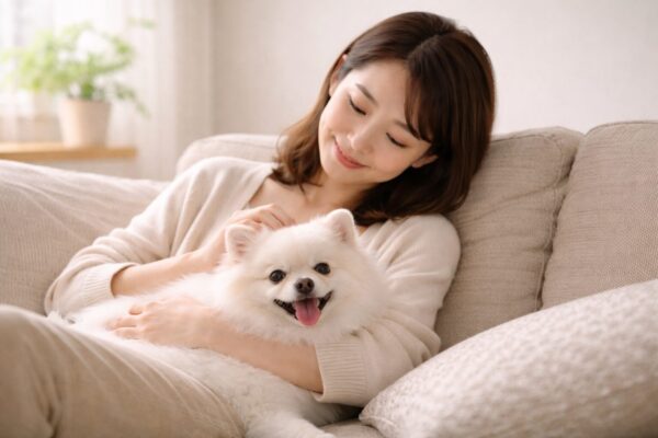 犬と飼い主がリラックスしている様子 腸内環境と健康イメージ