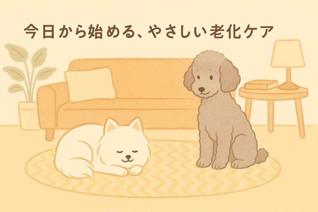 ラグの上で丸くなる白ポメラニアンと寄り添うシルバートイプードル、優しい色味の暮らしイラスト。