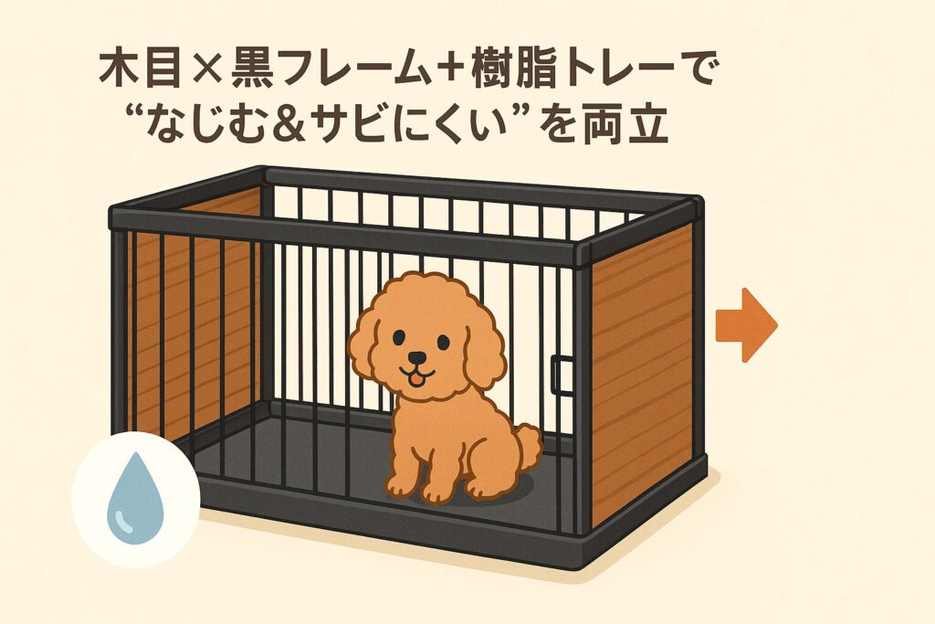 アイリスオーヤマのコンビネーションサークルをイラスト化。木目調と黒フレームの落ち着いたデザインに、樹脂トレーで水分を受け止める仕組み。中にはアプリコットプードルが座っている。