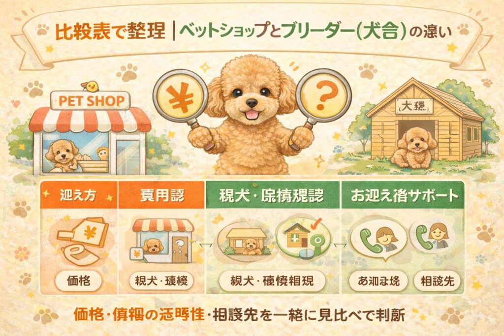 ペットショップと専門ブリーダーを象徴する背景の前で、トイプードルと日本人女性が並ぶ比較イメージ画像