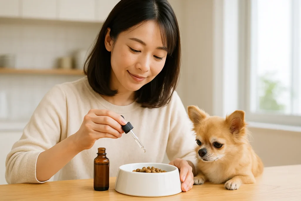 清潔感のある日本人女性がキッチンでスポイトで液体サプリをチワワのフードに垂らしている自然光の写真風画像。