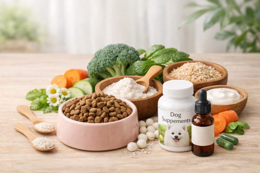 犬の腸内環境を整える食事やサプリメントのイメージ