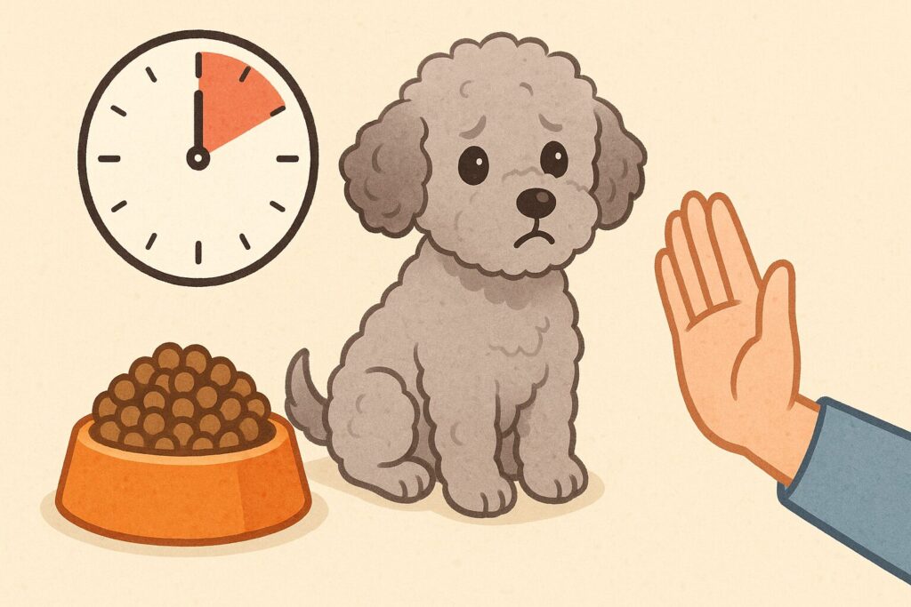 シルバートイプードルの子犬が、フードボウルの横で時計と飼い主のストップサインに向き合っているイラスト