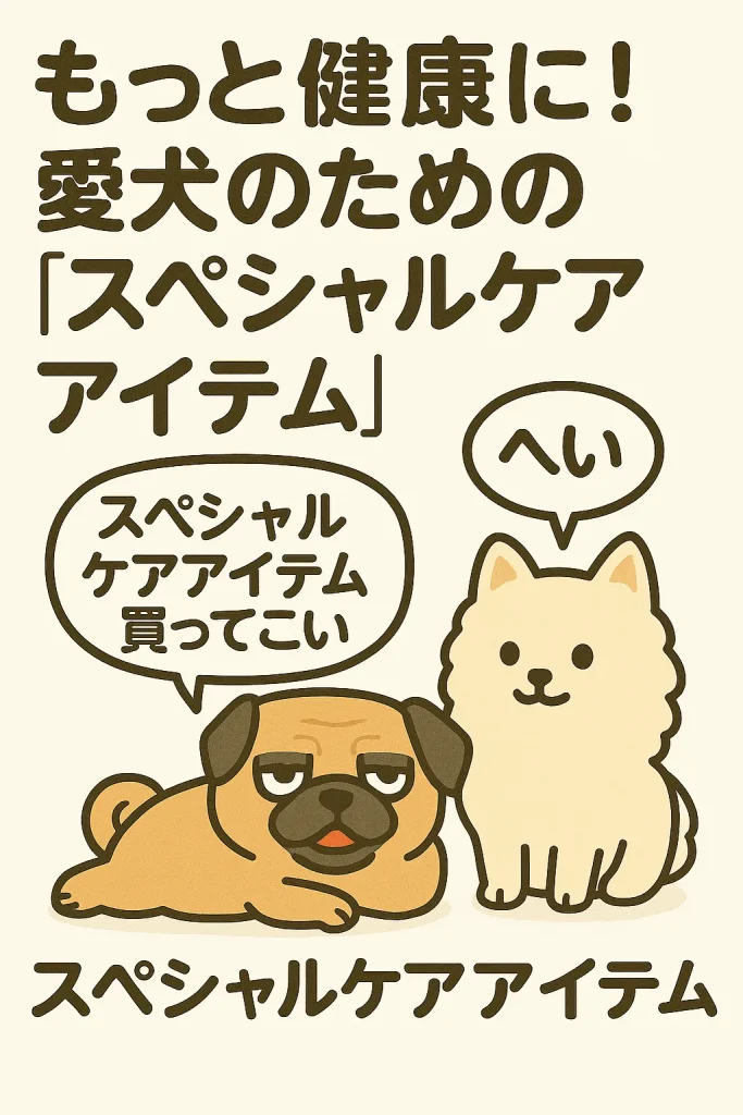白い犬とパグが登場する「スペシャルケアアイテム」解説イラスト