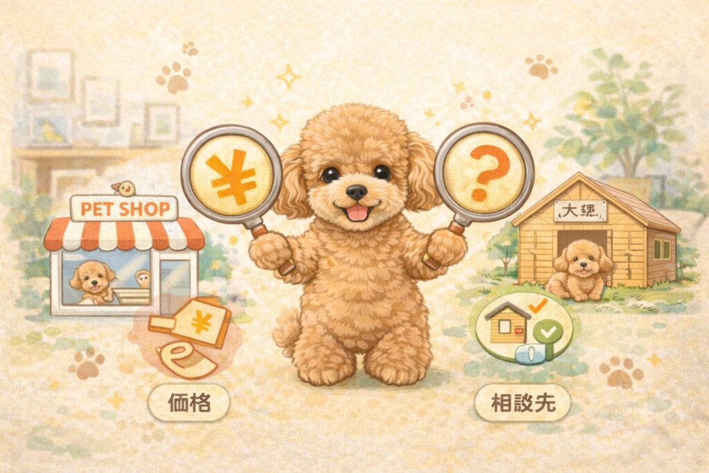 虫眼鏡を持ったトイプードルが、ペットショップとブリーダーを見比べている比較ガイド用イラスト
