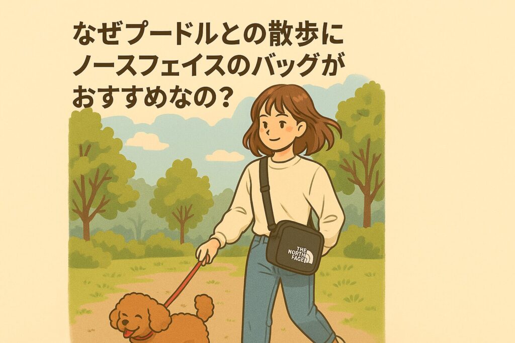 茶色のプードルと公園を歩く女性。ノースフェイスのバッグで散歩グッズを持ち運びながら快適に歩く姿