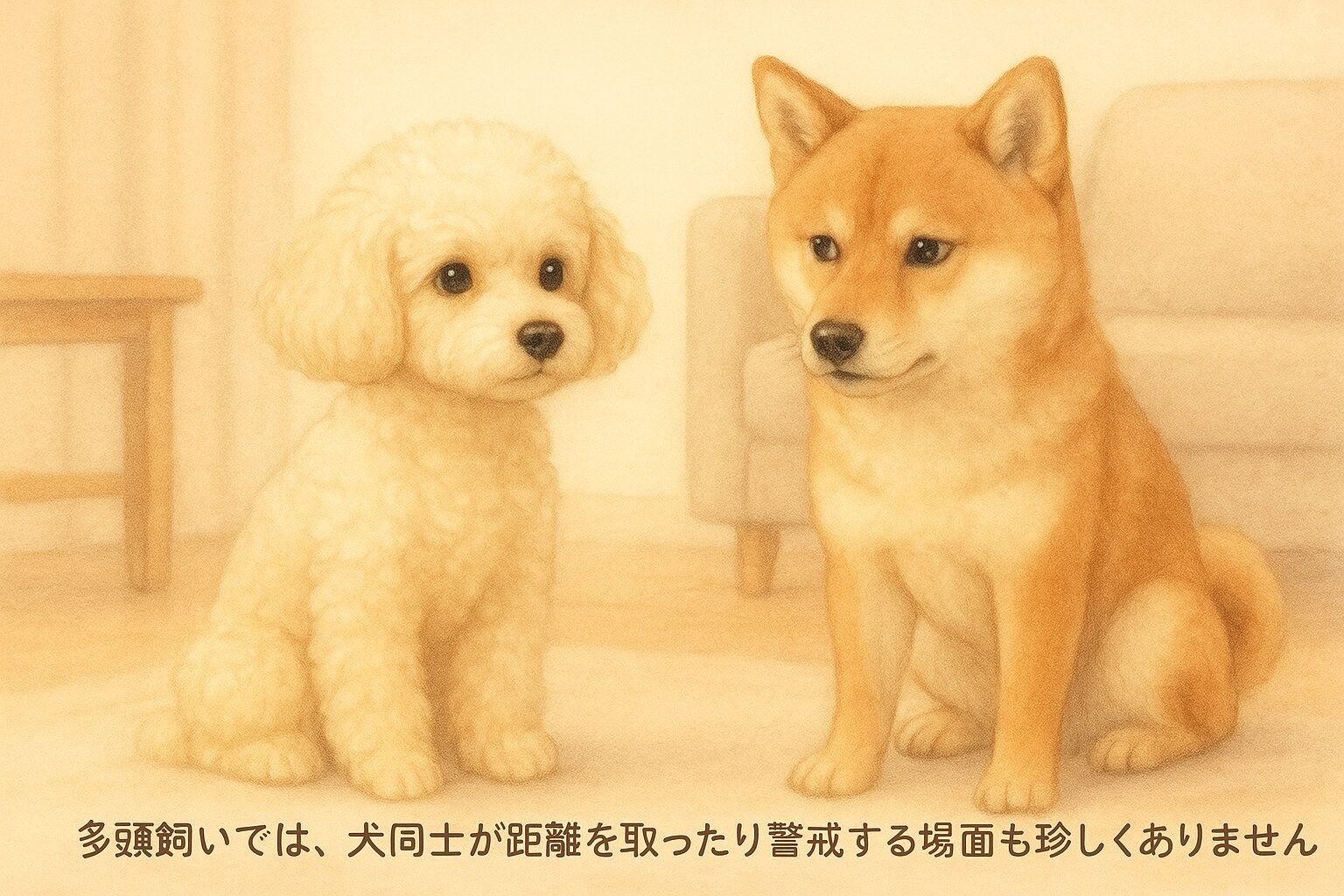 室内で距離を置いて座るトイプードルと柴犬、警戒した様子の多頭飼いトラブル場面。