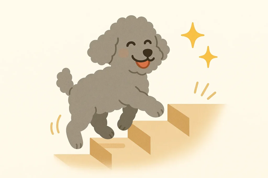 関節サプリメントで元気に階段を登る犬のイラスト