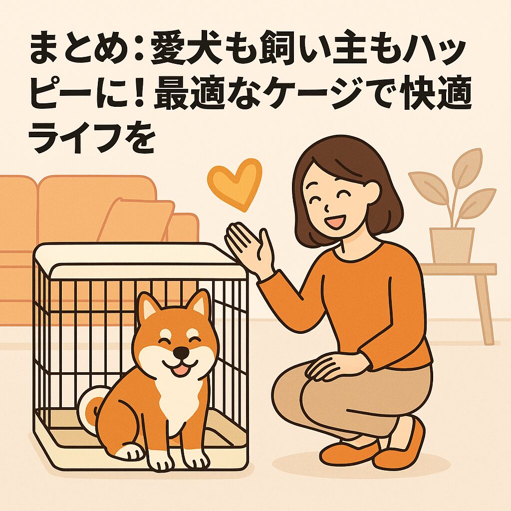 柴犬がケージで安心し、日本人女性が笑顔で見守るイラスト