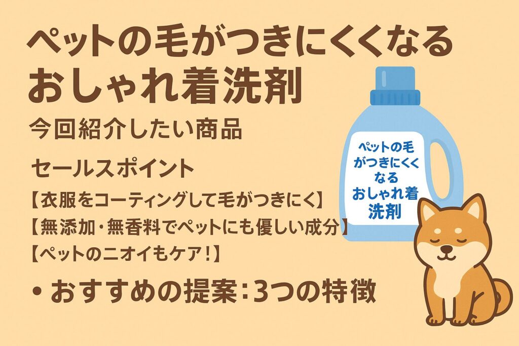 「ペット毛対策おしゃれ着洗剤のパッケージと使用シーン（イラスト）」