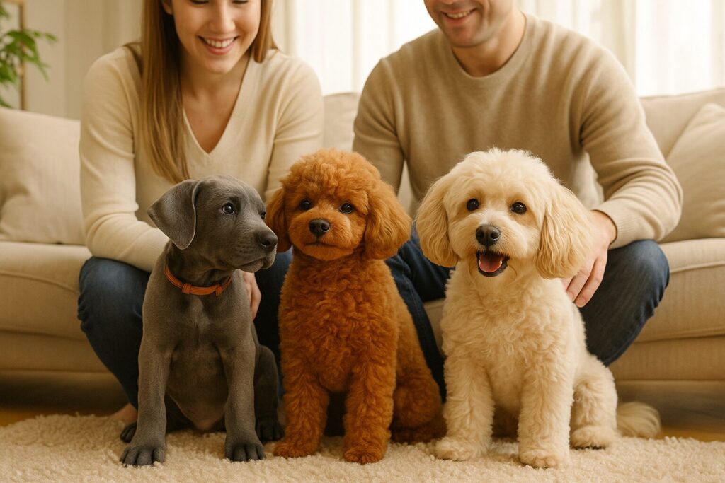 ソファの前で飼い主に寄り添いながら並んで座る2匹のトイプードルと1匹のグレイの子犬。