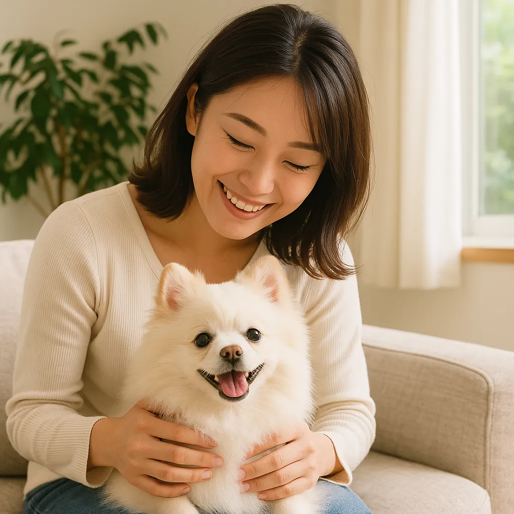 飼い主と犬がリビングで幸せに過ごしている様子