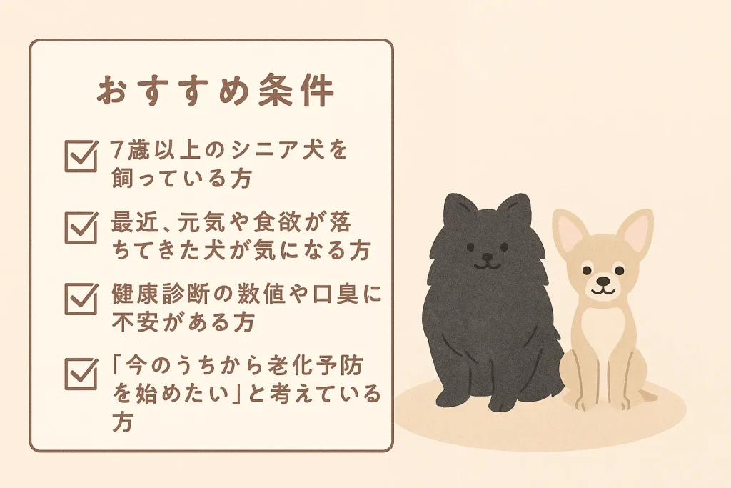 チェックボックス付きのリストと、その横に座る黒ポメラニアンとチワワのイラスト。やさしい色合いの背景。