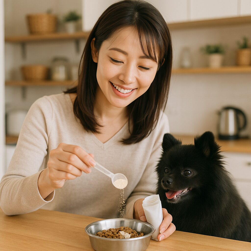 日本人女性が黒ポメラニアンに粉末サプリをフードに混ぜて与える実写風写真