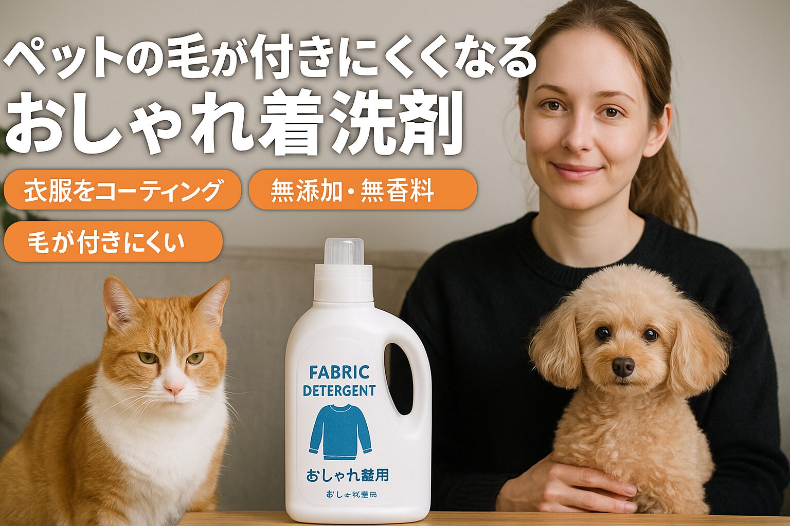 「黒い服を着た女性と犬と猫、ペット毛が付きにくいおしゃれ着洗剤（実写風）」