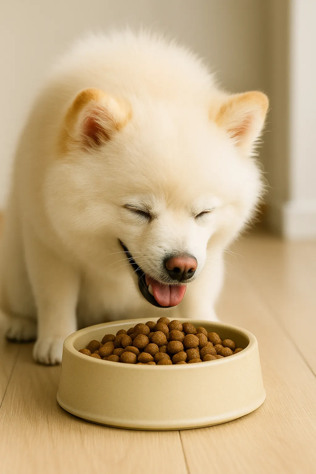 白いポメラニアンが健康的にドッグフードを食べている様子