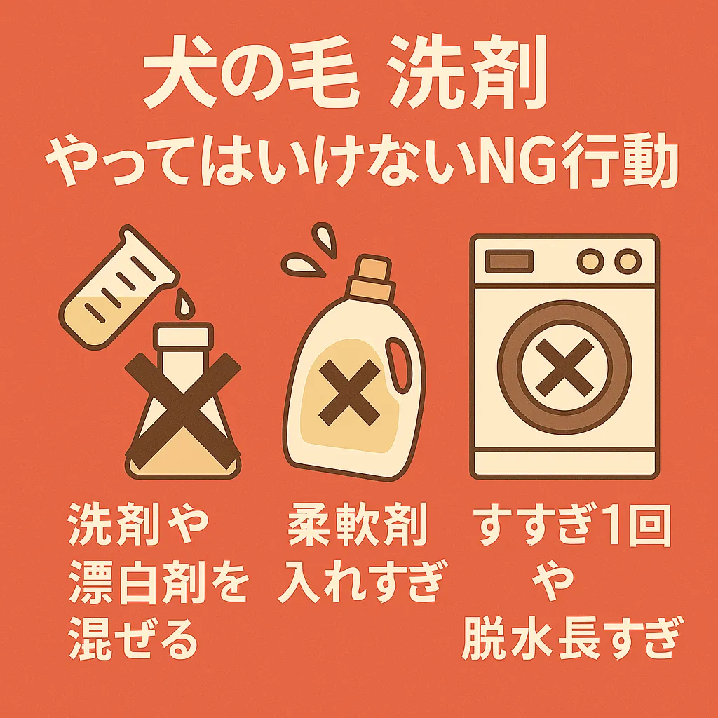 洗剤や漂白剤を混ぜる、柔軟剤の入れすぎ、すすぎ1回や脱水長すぎといった犬の毛 洗濯のNG行動を解説するイラスト