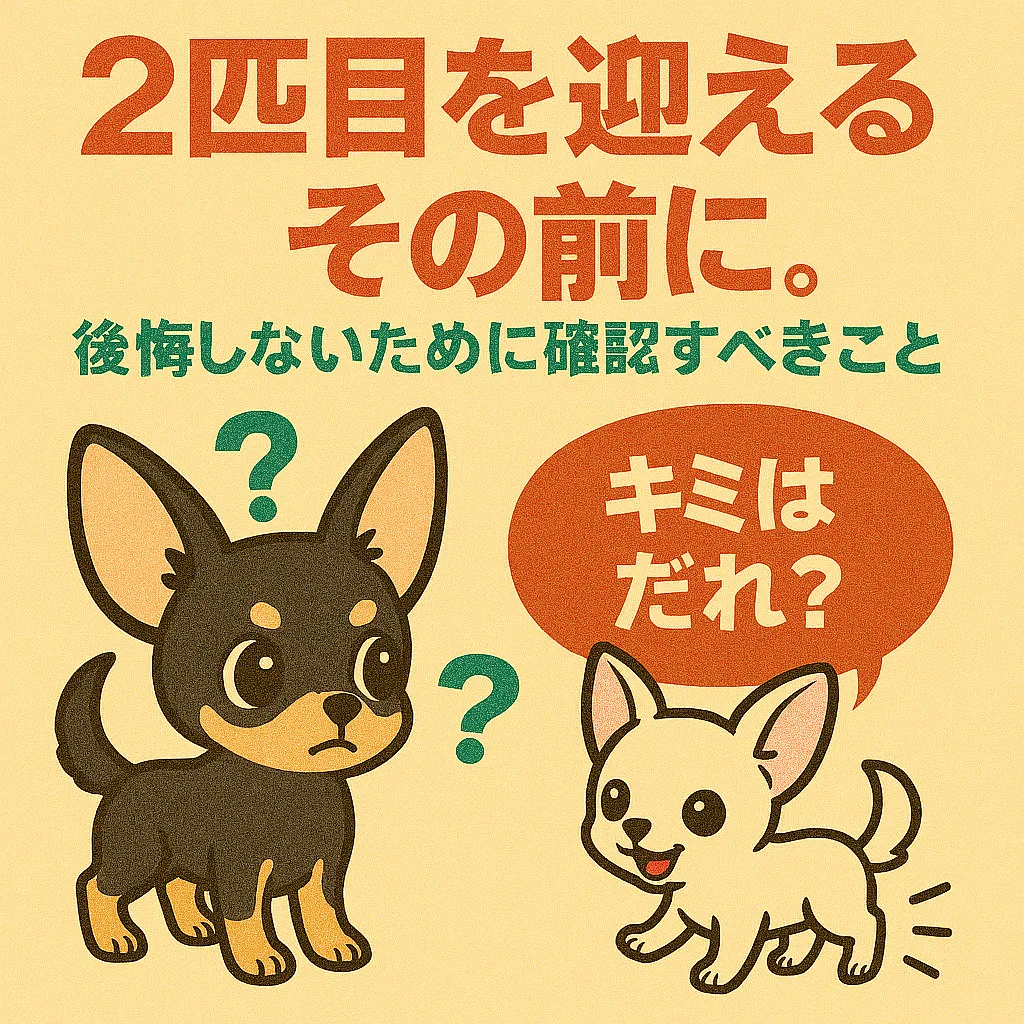 　犬の多頭飼育を考える飼い主が、金銭・住環境・先住犬の性格を確認しているイメージ画像。