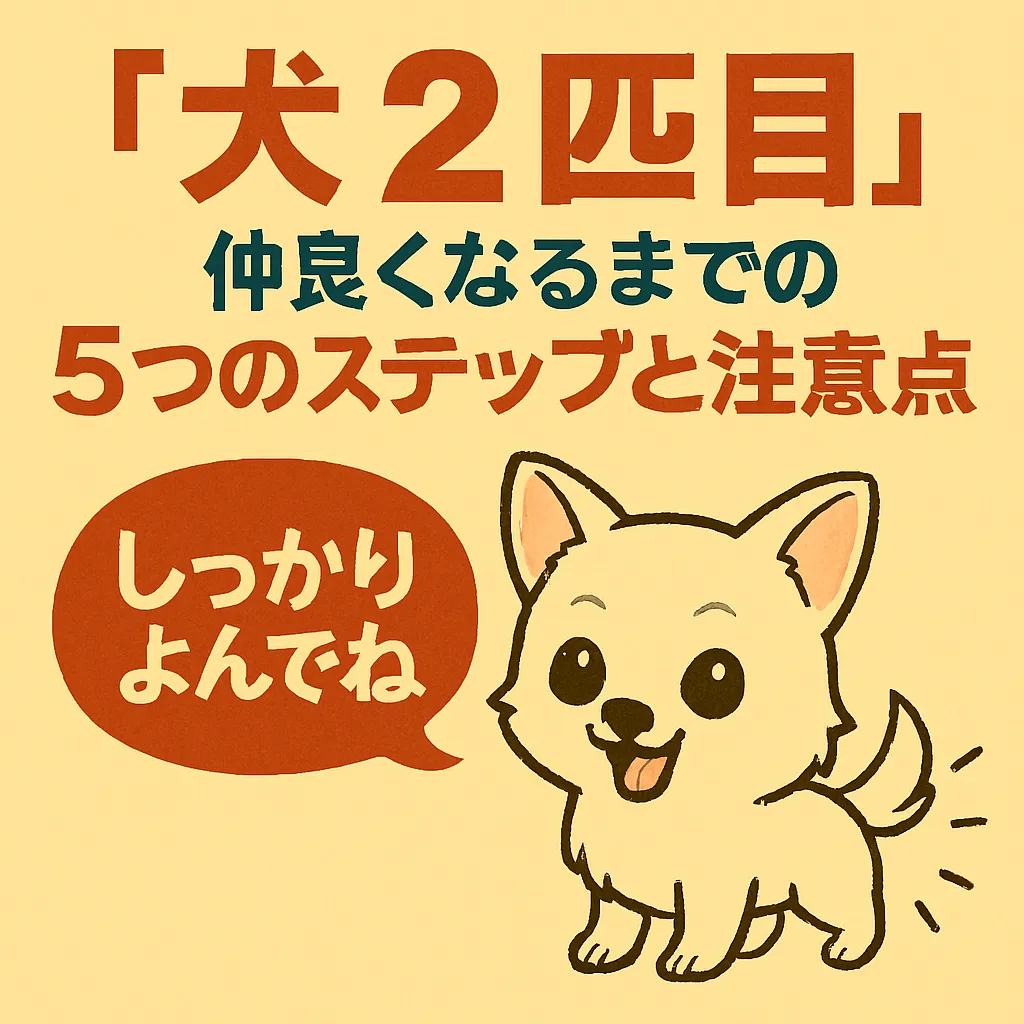 　多頭飼いで新しい犬と先住犬が穏やかに対面し、徐々に距離を縮める様子を描いた画像。