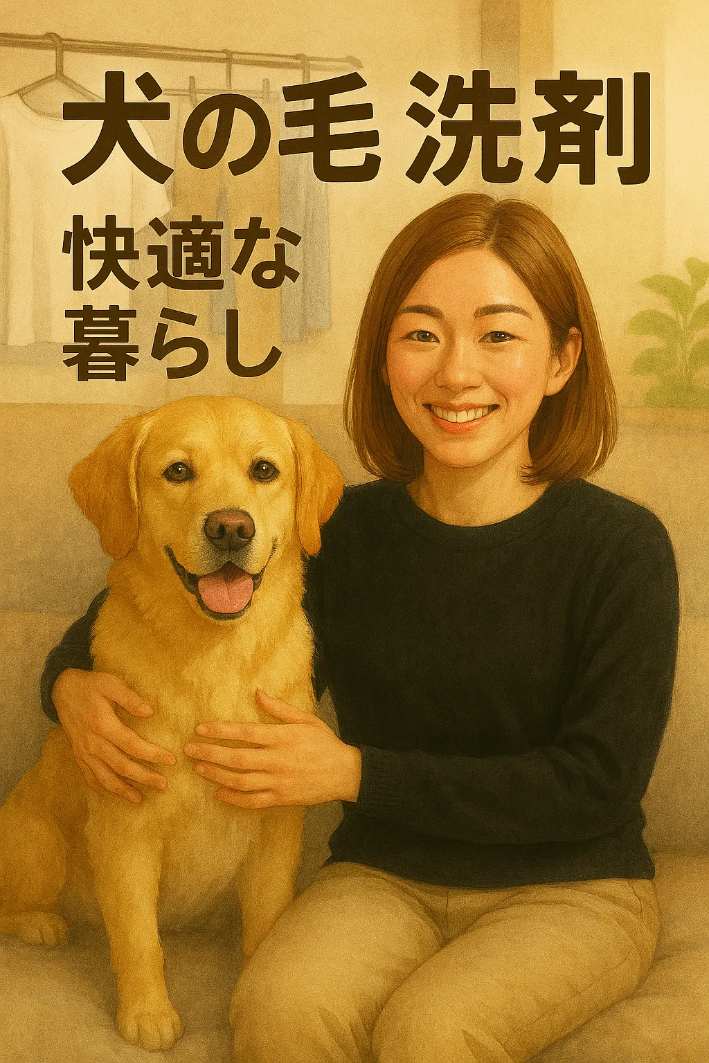 犬の毛 洗剤で衣類に毛がつかず、ソファで快適に過ごす飼い主と犬のイラスト。背景には毛のついていない洗濯物が干されている