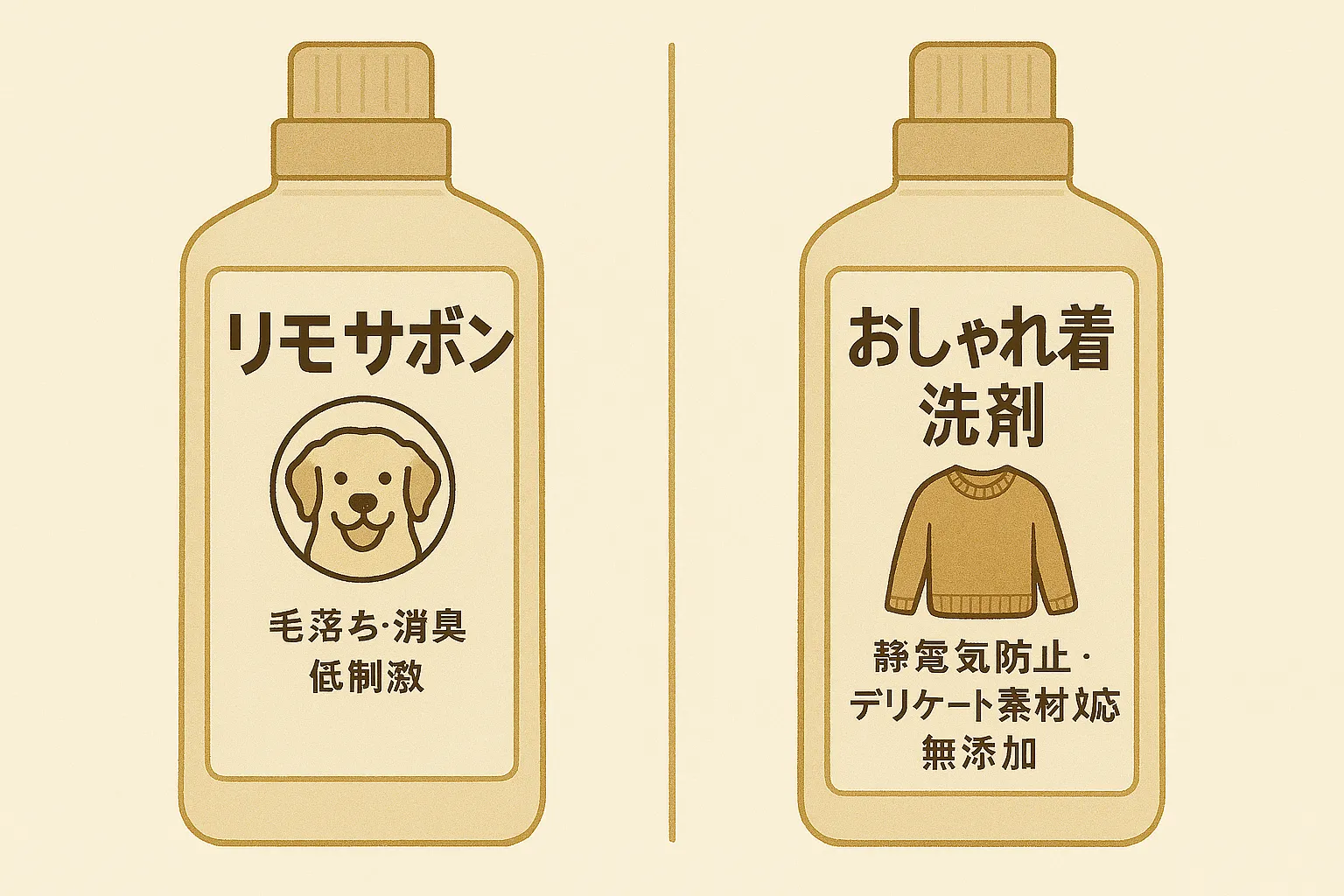 リモサボンは毛落ち・消臭・低刺激に優れ、おしゃれ着洗剤は静電気防止・デリケート素材対応・無添加に優れていることを示す比較イラスト