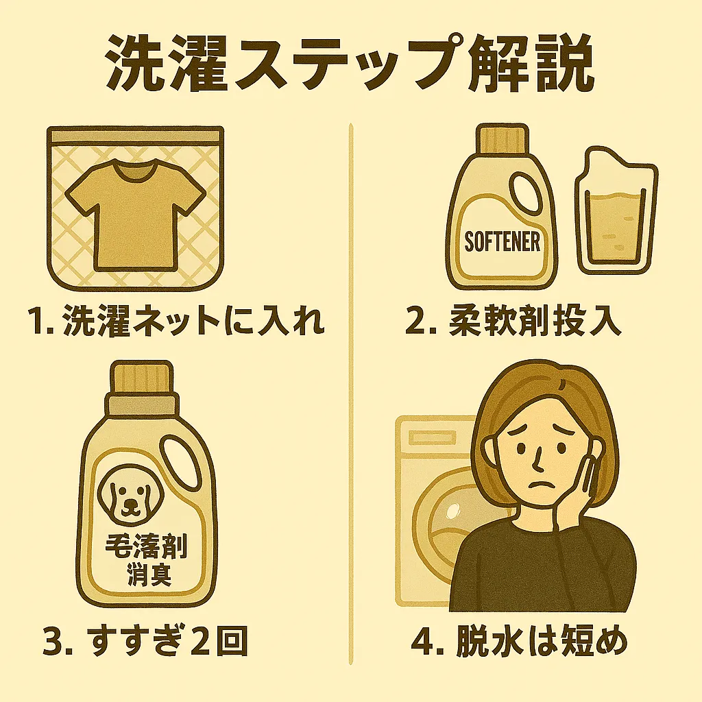 犬の毛 洗剤を使った洗濯の正しい4ステップ（ネット・洗剤投入・すすぎ2回・脱水短め）を解説するイラスト