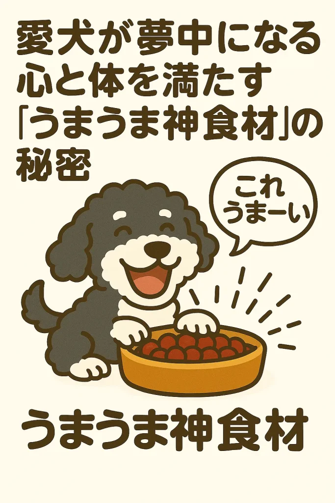 犬がフードを食べて「これうまーい」と喜んでいるイラスト