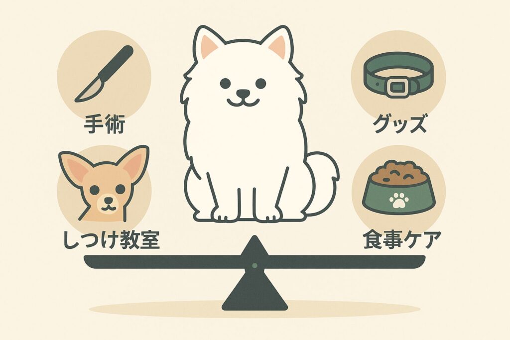 天秤の中央に白ポメラニアン、周囲に手術・グッズ・しつけ教室・食事ケアのアイコンを配置した比較イラスト