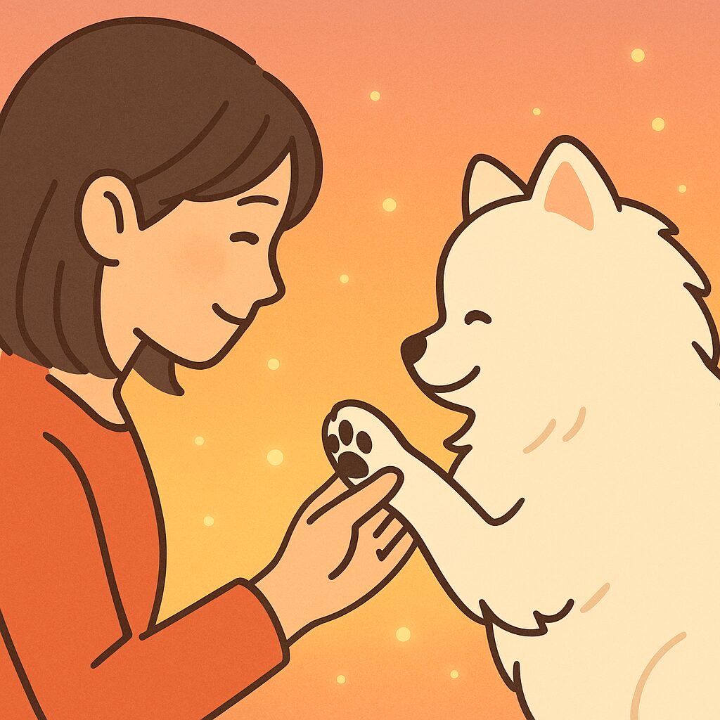 夕焼け空の下、日本人女性と白ポメラニアンが手と肉球をそっと合わせる温かいイラスト