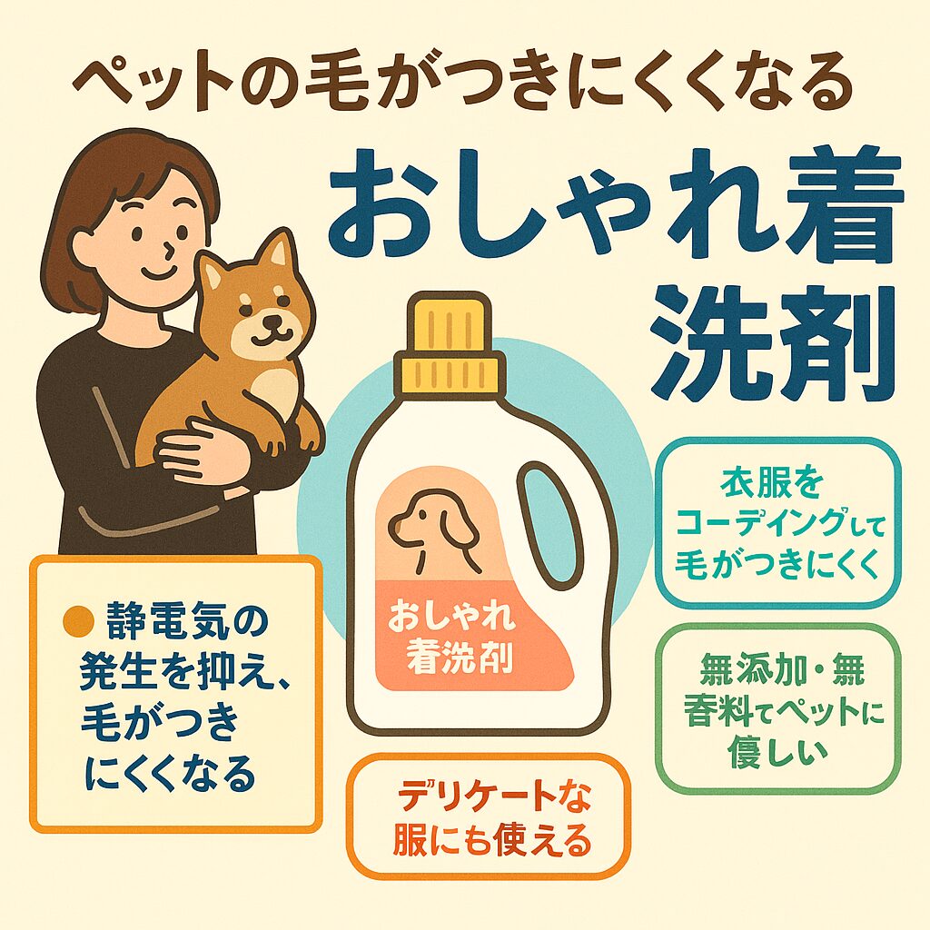 「ペット毛が付きにくくなるおしゃれ着洗剤の効果イメージ（イラスト）」